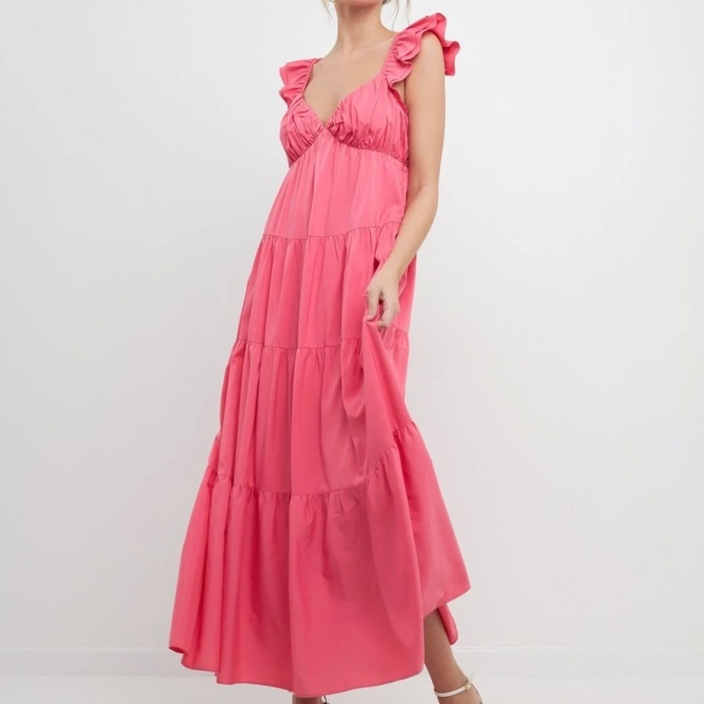 ENGLISH FACTORY Maxi Dress Women's XS‎ Pink Ruffle Tiered Barbiecore Summer